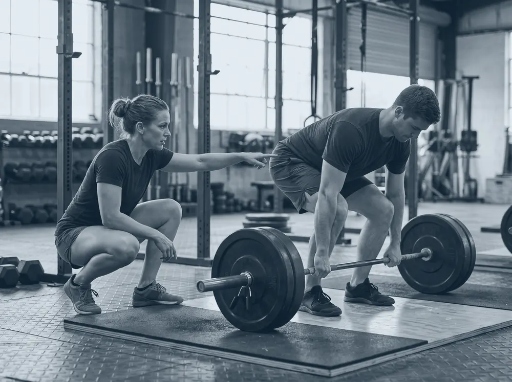A coach crouched beside a lifting platform, pointing at an athlete's hips as he sets up a deadlift.