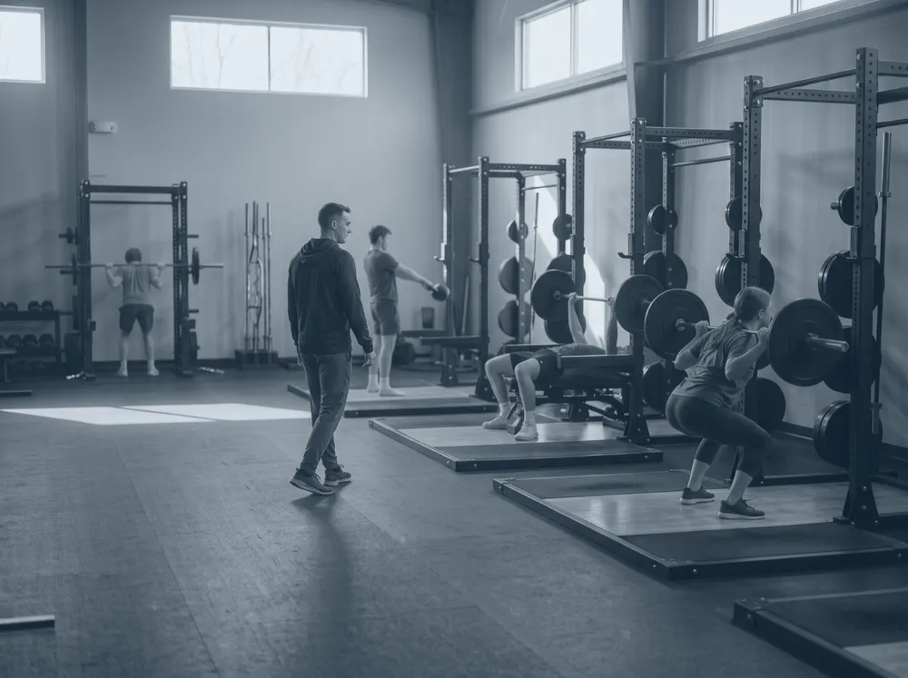 A strength class on the gym floor: athletes squatting and pressing at their own racks while a coach walks between them.