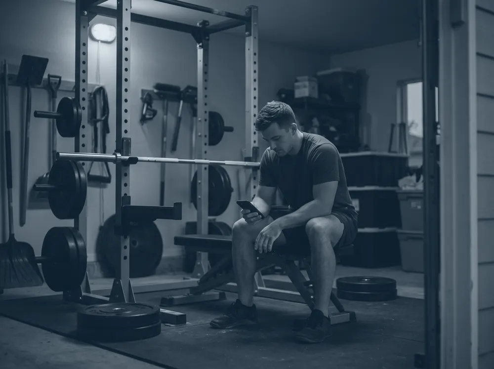 An athlete resting on a bench in a garage gym, checking his phone between sets.