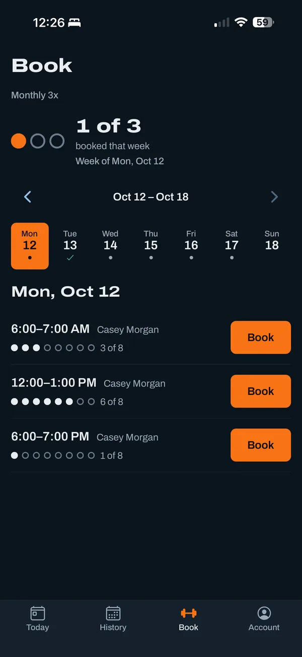 The Book screen: this week's days across the top, and the day's classes with how many places are taken.