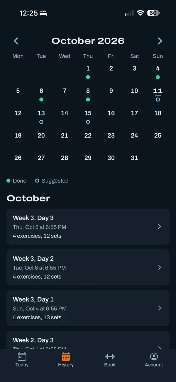 The History screen: a month calendar with finished workouts marked, and the list of workouts below.