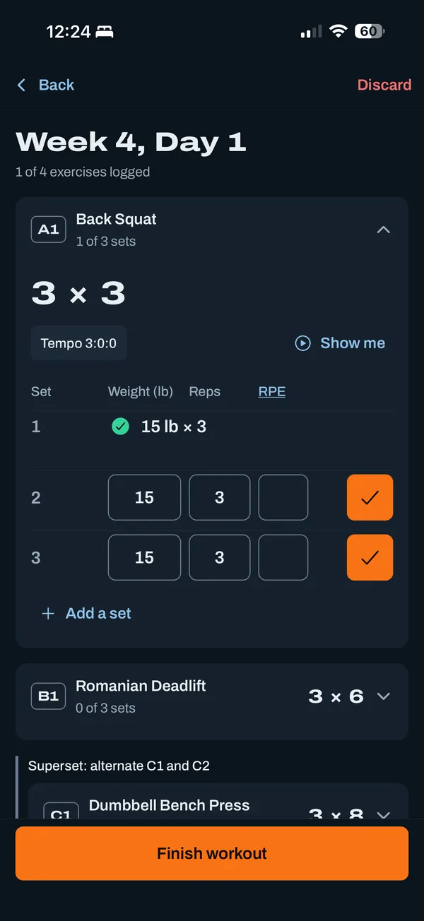 A workout in progress: back squat, three sets of three, with the weight and reps typed in for each set.